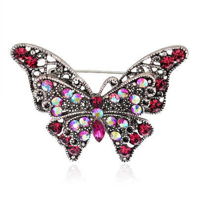 Front product view of the butterfly brooch pin in silver and red