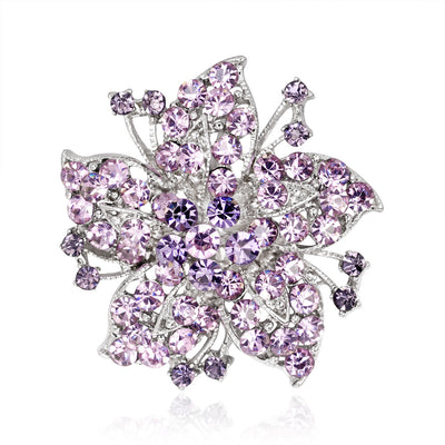 Front product view of the flower brooch pin in silver and purple