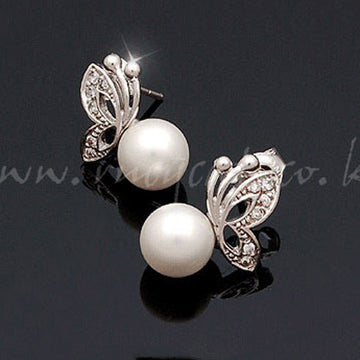 Silver Butterfly and Pearl Look Round Stud Earrings