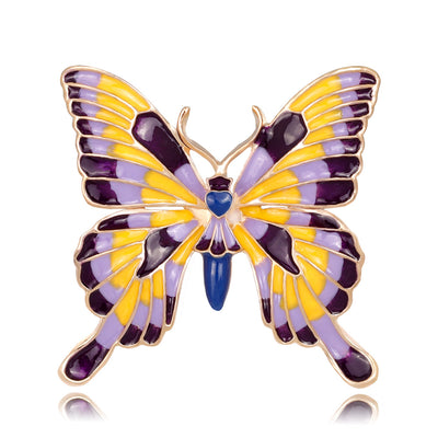 Front product view of the butterfly brooch pin in gold and purple