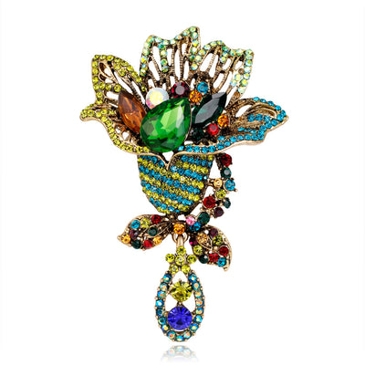Front product view of the flower brooch pin in gold and green