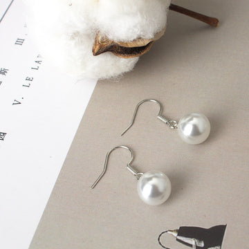 Silver Hook White Pearl Look Bead Simple Dangle Earrings