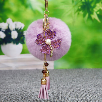Four-Leaf Clover Tassel Plush Pom Pom Keychain in Pale Lavender