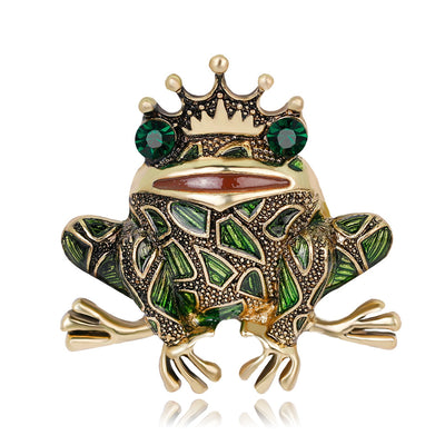 Front product view of the frog brooch pin in gold and green