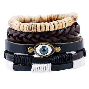 European American Vintage Braided Cowhide Leather Bracelet Set Men's Eye Charm Genuine Leather Bracelet