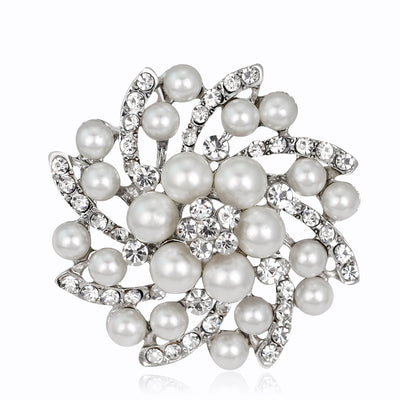 Front product view of the pearl crystal floral swirl brooch pin in silver
