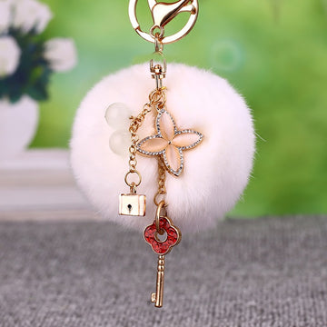 Four-Leaf Clover Plush Pom Pom Keychains in Five Colors