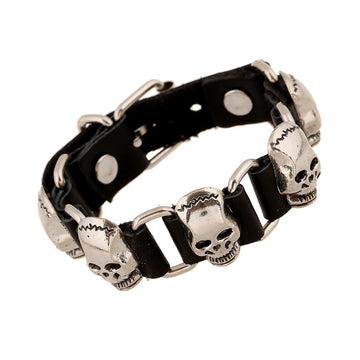 Punk Studded Genuine Leather Cuff Bracelet With Vintage Skull Alloy Charm For Men Open Bangle