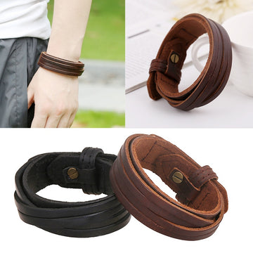 Vintage Braided Cowhide Leather Bracelet, Wide Multilayer Men's Wristband And Bangle Jewelry