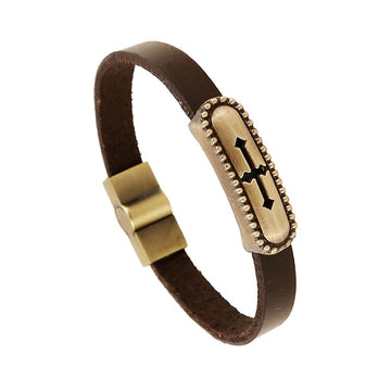 European American Fashion Alloy Cowhide Leather Cuff Bracelet With Hollow Cross Charm Open Bangle