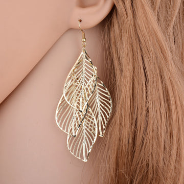 Gold Silver and Gunmetal Triple Open Leaf Hook Earrings