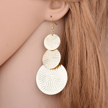 Gold Silver and Gunmetal Triple Textured Disc Earrings