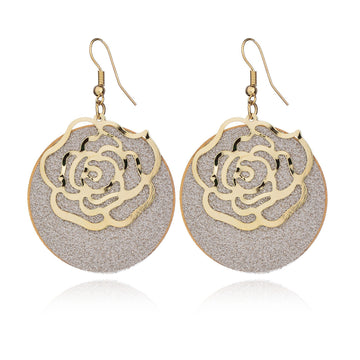 Three Color Rose Cutout Round Disc Long Hook Earrings