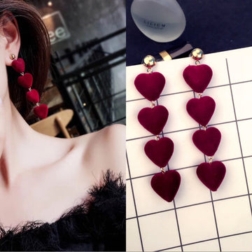 Four Velvet Heart Long Stud Earrings in Three Colors