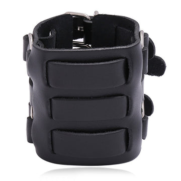 Punk Rock Exaggerated Double Layer Cowhide Leather Bracelet Adjustable Wide Leather Bangle For Men