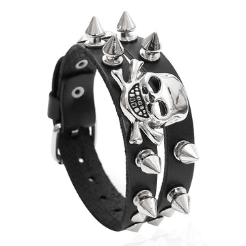 European American Punk Vintage Cowhide Leather Men's Wide Cuff Bracelet With Personalized Skull Decor Open Bangle