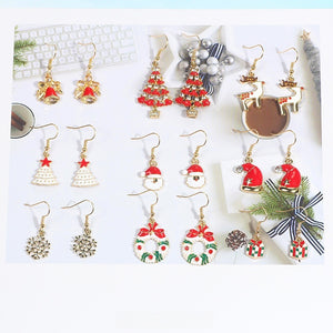 Cute Christmas Enamel Rhinestone Alloy Hook Set With Tree Reindeer Santa Snowflake Wreath Earrings