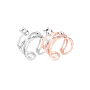 Korean Style Cross Twisted Micro Pave Zircon Adjustable Open Ring For Women Tarnish Resistant
