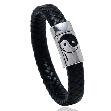 Stainless Steel Leather Bracelet Vintage Braided Titanium Steel Faux Cowhide Tai Chi Bangle