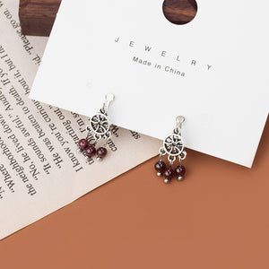 Vintage Ethnic Alloy Hollow Dreamcatcher Round Garnet Bead Tassel Clip-On Bohemian Geometric Earrings