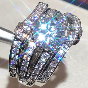 European Exaggerated Fine Pave Zircon Three Piece Ring Set, Fashion Jewelry