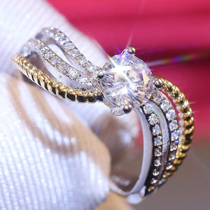 Vintage Two Tone Geometric Wavy Texture Prong Set Zircon Ring, European Fashion Jewelry