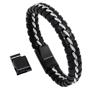Fashion Chain Braided Cowhide Bracelet Stainless Steel Three Section Magnetic Clasp Leather Bangle