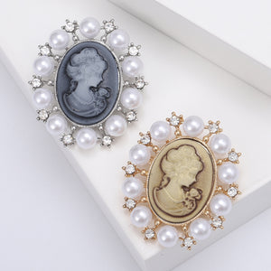 Alloy Vintage Lady Cameo Brooch Pin With Rhinestones And Pearls