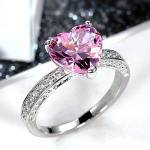 AAA Heart Shaped Pink Zircon Inlaid Wedding Ring For Women Engagement Hand Jewelry