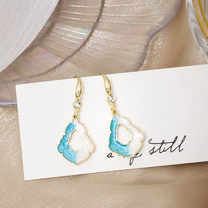 Elegant Blue White Enamel Irregular Shell Geometric Rhinestone Alloy Dangle Hoop Drop Earrings