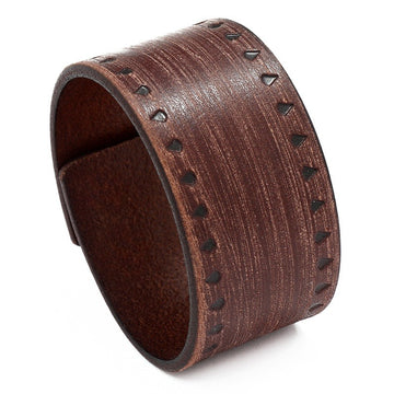 Vintage Distressed Embossed Cowhide Wide Leather Bracelet For Men, Punk Hip Hop Cuff Bangle