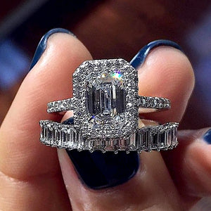 European Style Couple Ring Set With Micro Pave Zircon And Square Stone Women's Fashion Finger Ring