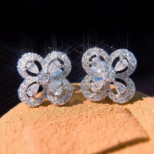 Classic Four Leaf Clover Full Zircon Stud Earrings Micro Pave Flower Fashion Ear Jewelry