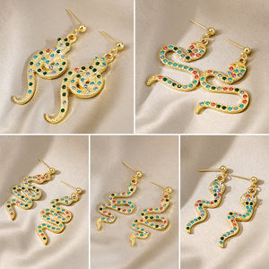 Luxury Ethnic Snake Shape Colorful Zircon Rhinestone Gold Plated Alloy Animal Stud Drop Earrings