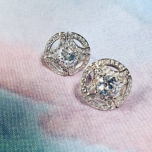 Korean Delicate Small Stud Earrings With Sparkling Hollow Zircon Geometric Full Pave Design