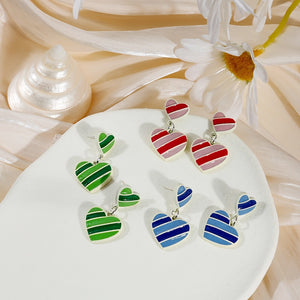 Sweet Cartoon Colorblock Double Heart Enamel Alloy Stud Drop Earrings