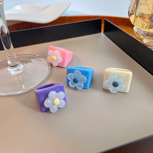 Colorful Resin Square Ring European American Sweet Fresh Rotatable Floral Fashion Ring For Women