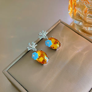 Luxury Yellow Crystal Flower Geometric Studs With Silver Needle And Blue Enamel Floral Accent Earrings