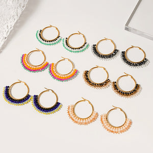 Vintage Elegant Geometric Round Alloy Hoops With Handmade Colorblock Beads And Faux Pearl Fringe Earrings