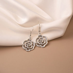 Vintage French Romantic Hollow Rose Flower Alloy Hook Drop Jewelry Elegant Women's Fashion Earrings