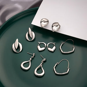 Elegant Silver Alloy Irregular Geometric Tulip Heart Hoop Drop Stud Pendant Fashion Earrings