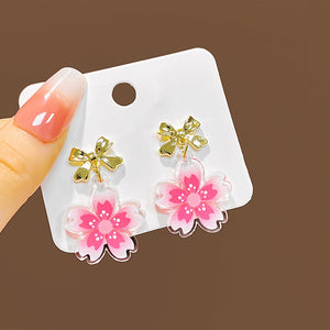 Sweet Acrylic Sakura Flower Dangle With Gold Alloy Bow Studs Korean Cute Student Earrings