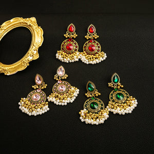 Vintage Ethnic Round Teardrop Crystal Rhinestone Pearl Tassel Alloy Chandelier Drop Earrings