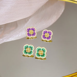 Vintage Four Leaf Clover Enamel Studs With Rhinestone Pearl Inlay Gold Plated Elegant Women's Earrings