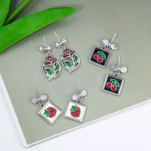 Fresh Elegant Alloy Enamel Strawberry Cherry Bowknot Hollow Rose Fruit Stud Dangle Drop Earrings