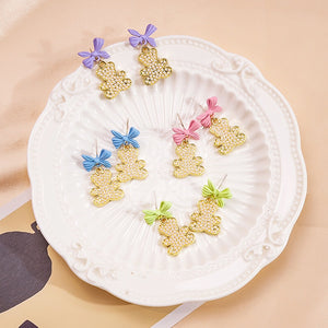Cute Enamel Bow Rhinestone Bear Drop Studs Elegant Sweet Colorful Alloy Summer Fashion Earrings