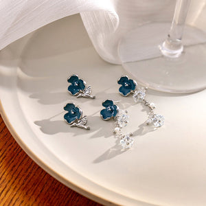 Elegant Blue Enamel Flower Chain Tassel Studs With Crystal Bird Wing Pearl Alloy Drop Earrings