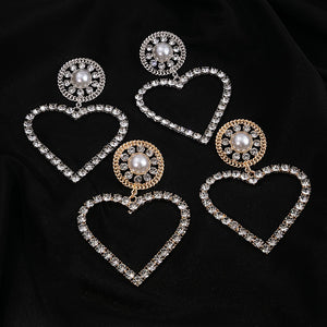 Luxury Rhinestone Hollow Heart Drop Earrings With Pearl Alloy Studs Elegant Statement Earrings