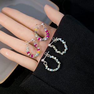 Elegant Summer Colorful Stone Beaded Hoop Drop Alloy Silver Needle Lightweight Niche Design Earrings