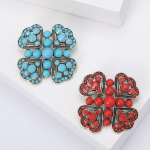 Vintage Alloy Rhinestone Flower Brooch Pin With Turquoise Pearl Accent